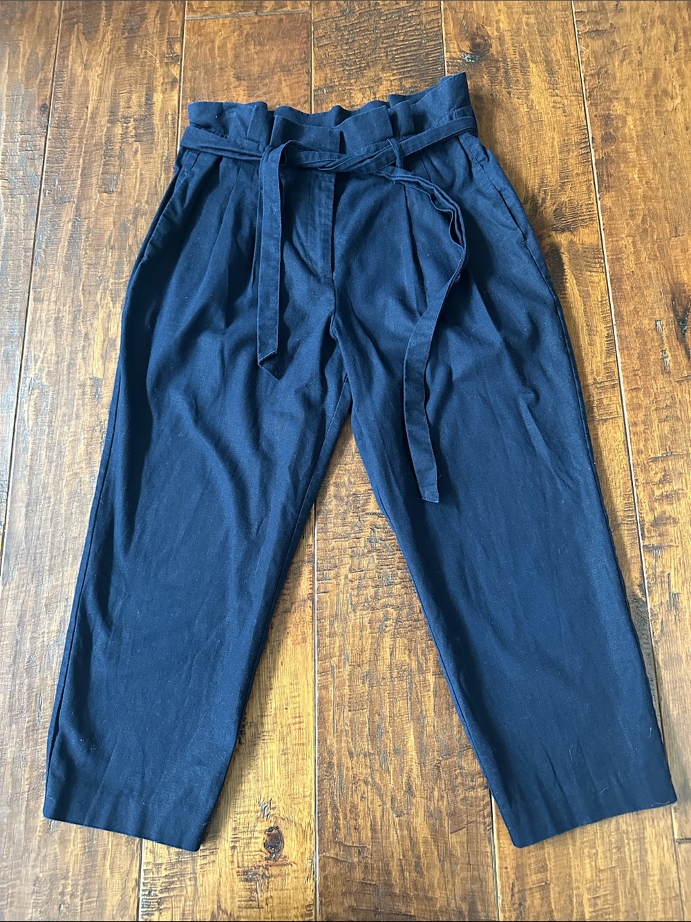 Boden Navy High-Rise Paperbag Linen Blend Pants with Tie Belt